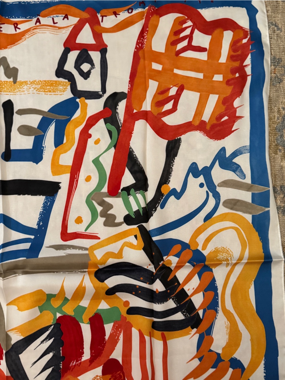 Designer-style 90cm Silk Scarf with Painterly Motif - Blue - Picture 3 of 5